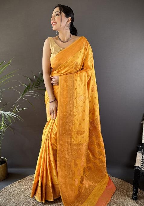 Orange Woven Silk Saree Set