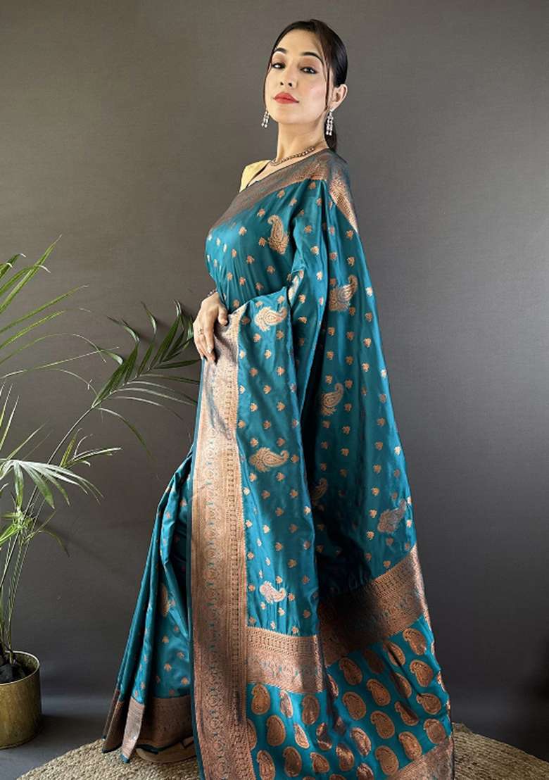 Blue Woven Silk Blend Saree Set for Diwali | Wedding & Festive Wear - Indya