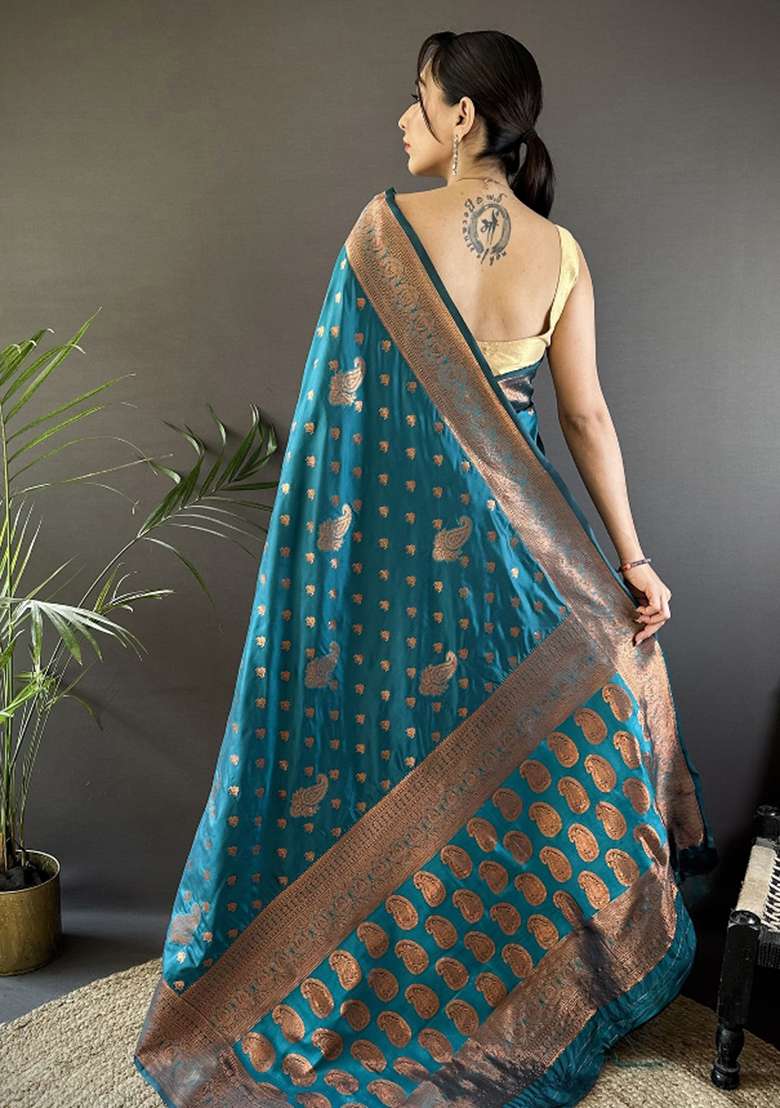 Blue Woven Silk Blend Saree Set for Diwali | Wedding & Festive Wear - Indya