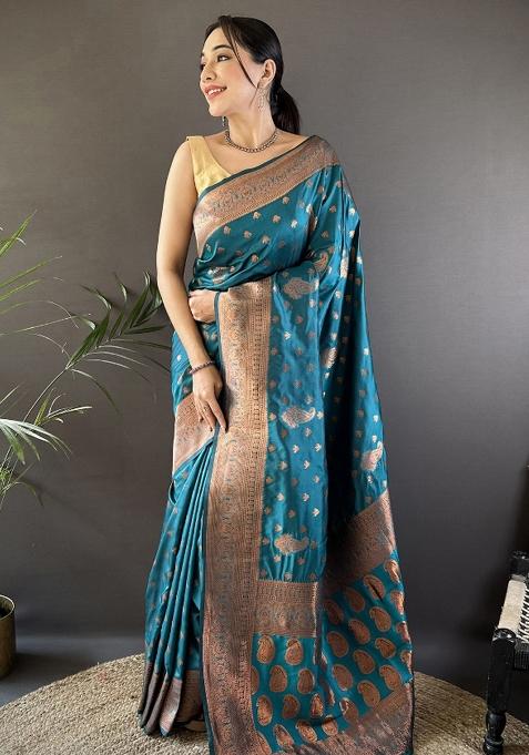 Blue Woven Silk Saree Set