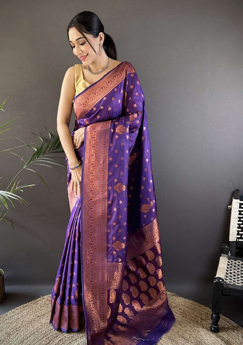 Purple Woven Silk Blend Saree Set for Diwali and Festive Wear - Indya