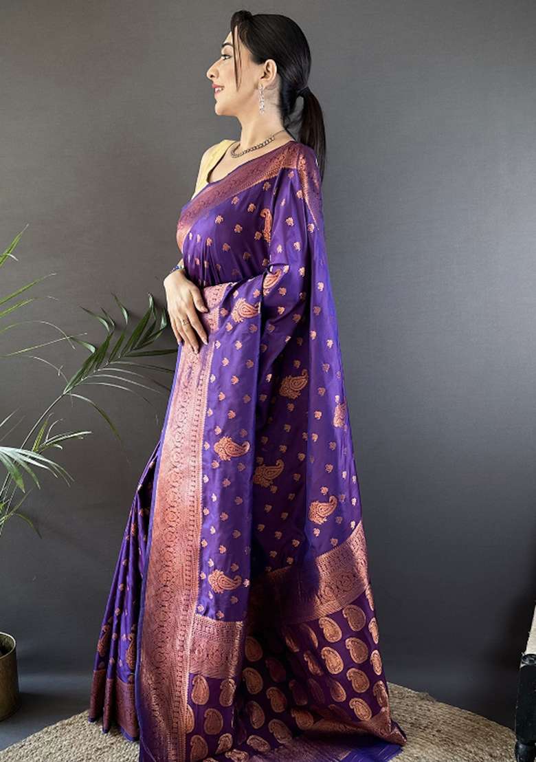 Purple Woven Silk Blend Saree Set for Diwali and Festive Wear - Indya