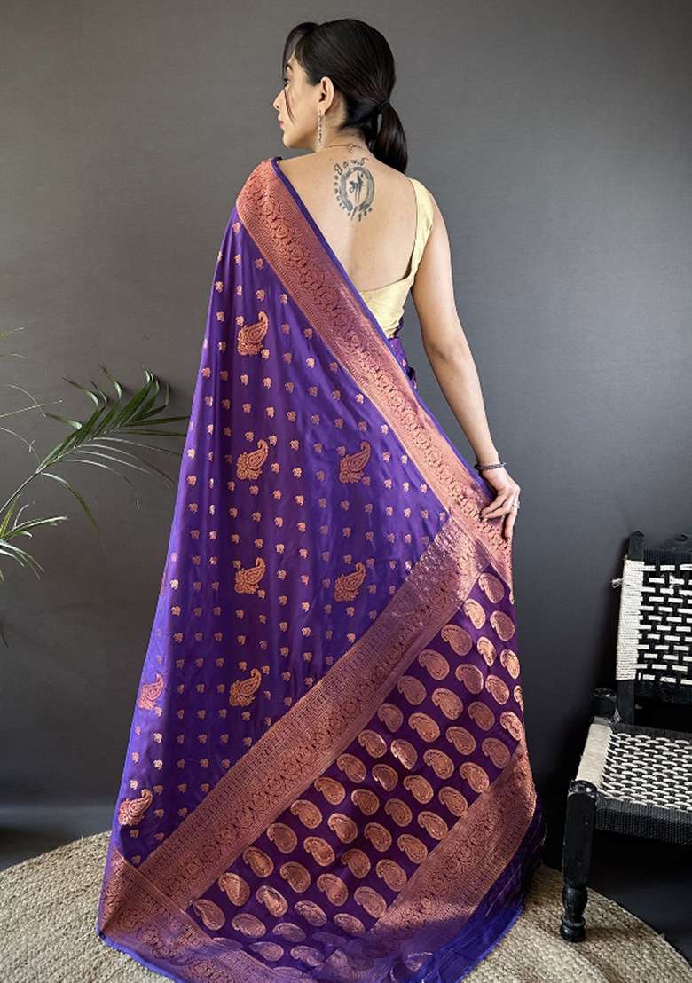 Purple Woven Silk Blend Saree Set for Diwali and Festive Wear - Indya