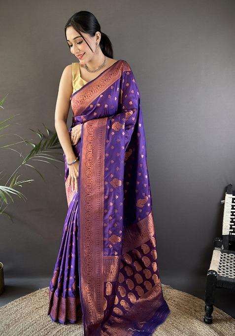Purple Woven Silk Saree Set