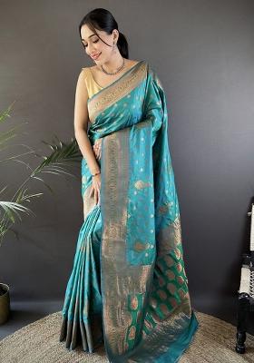 Teal Green Woven Silk Saree Set