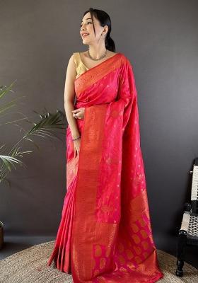 Hot Pink Woven Silk Saree Set
