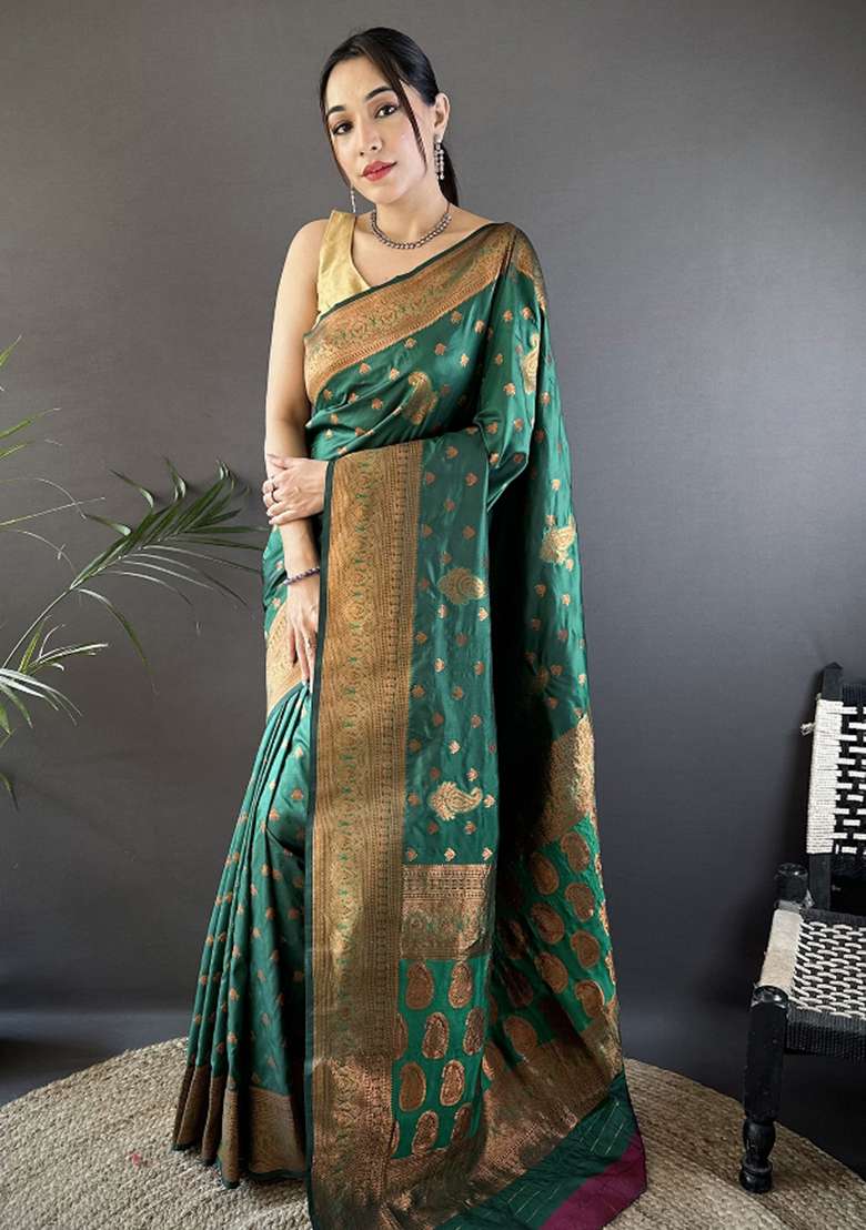 Dark Green Woven Silk Blend Saree Set for Diwali | Wedding & Festive Wear - Indya