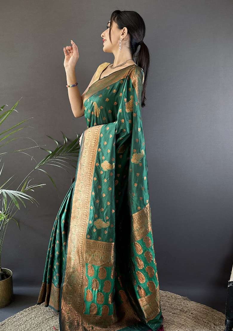 Dark Green Woven Silk Blend Saree Set for Diwali | Wedding & Festive Wear - Indya