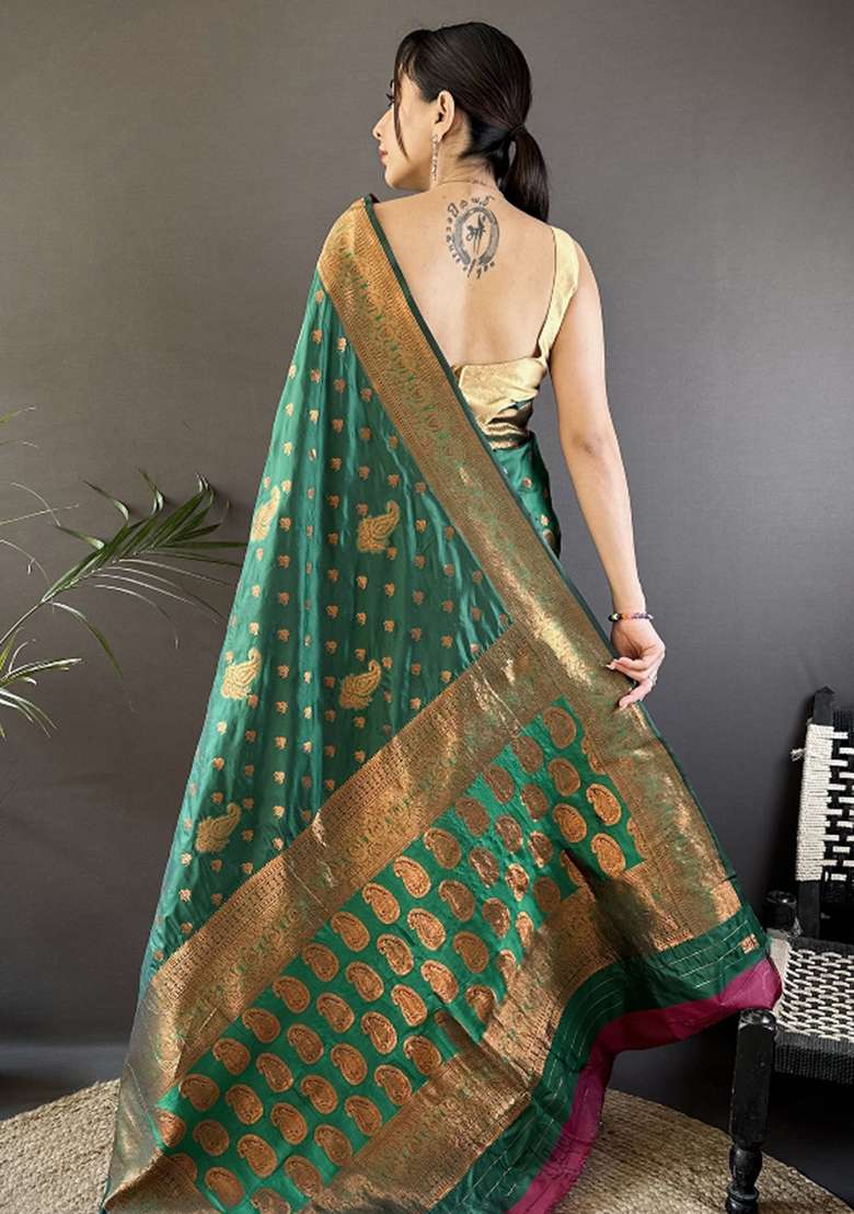 Dark Green Woven Silk Blend Saree Set for Diwali | Wedding & Festive Wear - Indya