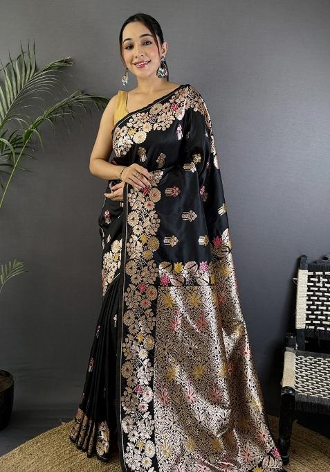 Black Woven Silk Saree Set