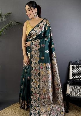 Dark Green Woven Silk Saree Set