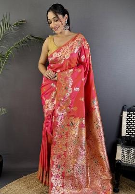 Hot Pink Woven Silk Saree Set