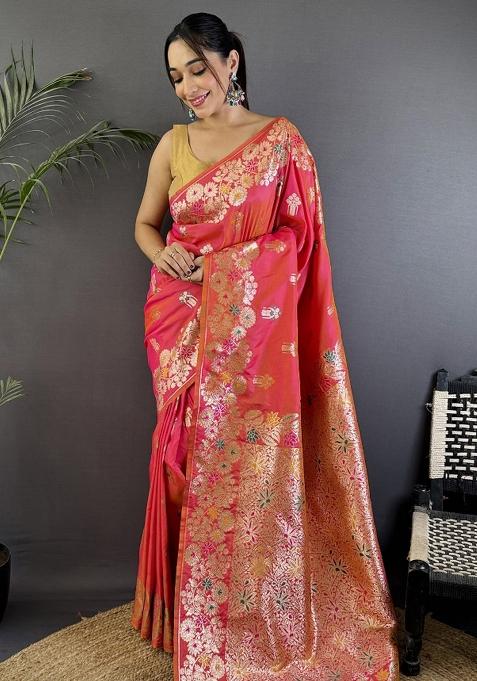 Hot Pink Woven Silk Saree Set