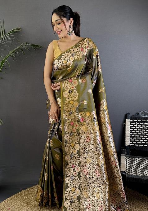 Mahendi Green Woven Silk Saree Set