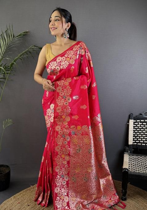 Pink Woven Silk Saree Set