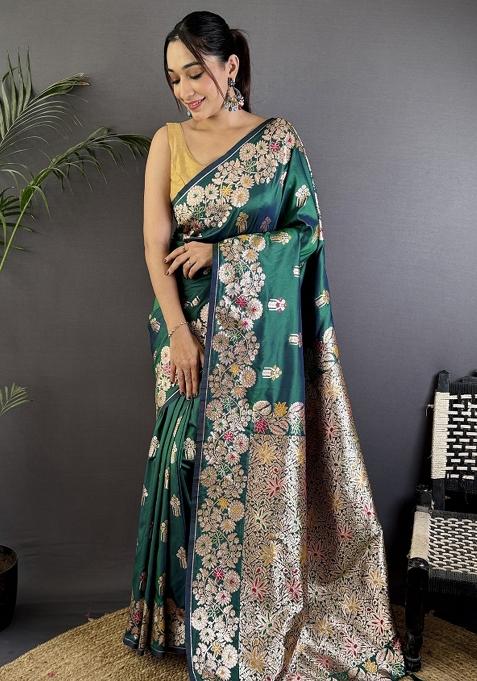 Teal Green Woven Silk Saree Set