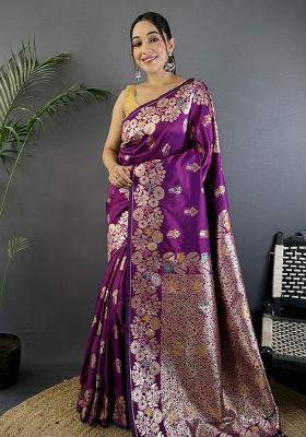 Magenta Woven Silk Saree Set