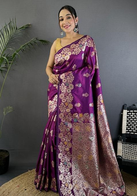 Magenta Woven Silk Saree Set