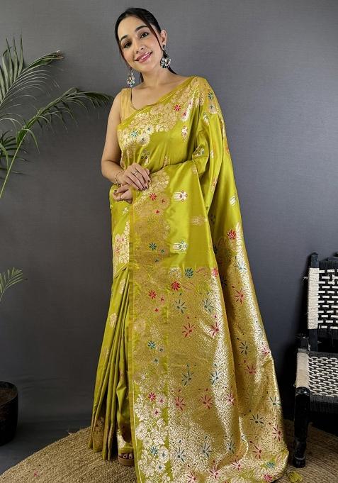 Lime Green Woven Silk Saree Set