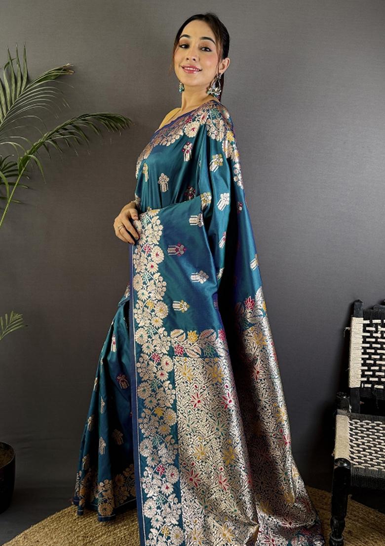 Royal Blue Woven Silk Saree Set