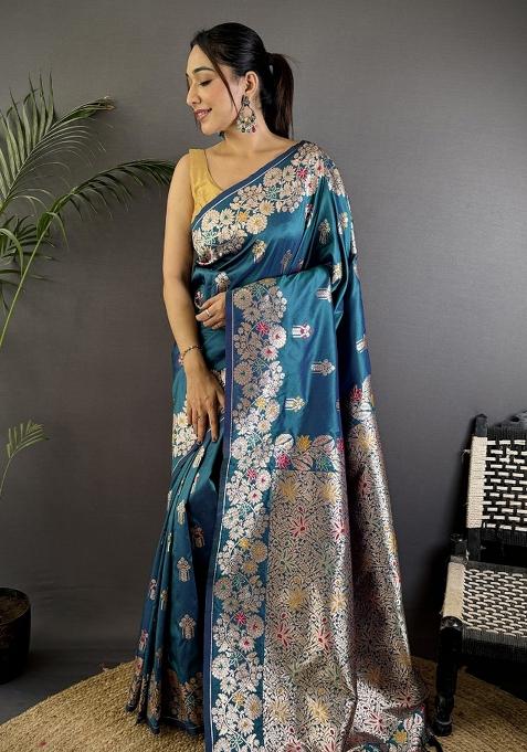Royal Blue Woven Silk Saree Set