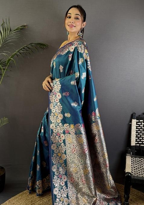 Royal Blue Woven Silk Saree Set