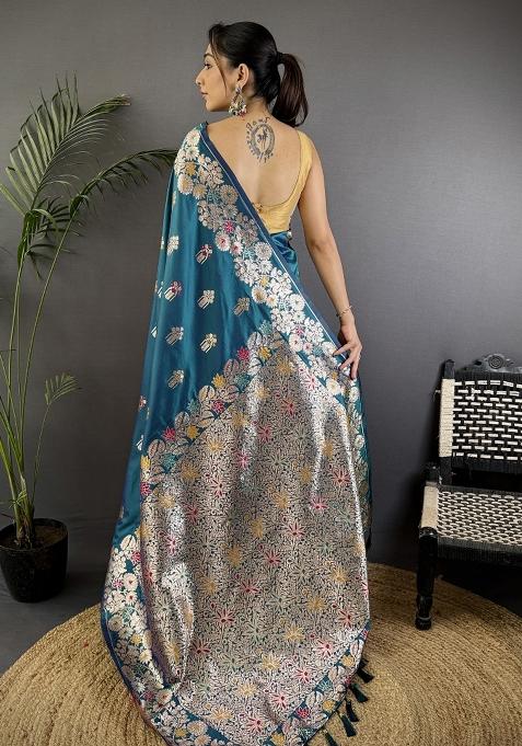 Royal Blue Woven Silk Saree Set