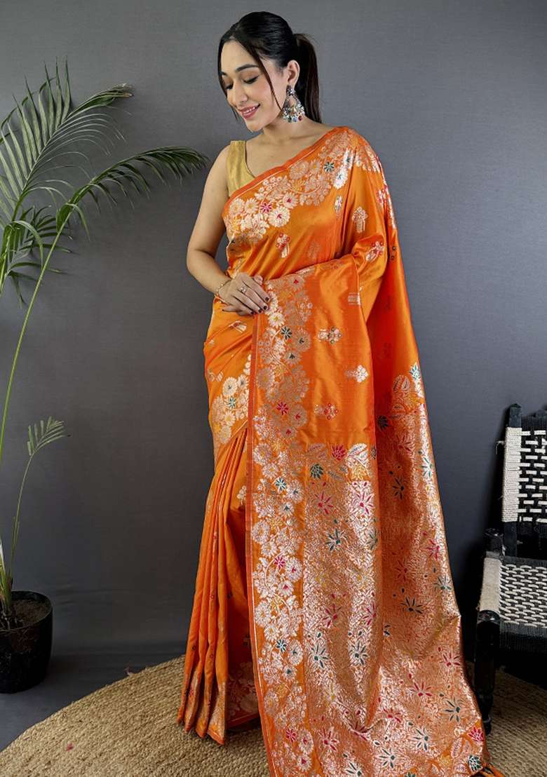 Orange Woven Silk Blend Saree Set for Diwali | Wedding & Festive Wear - Indya