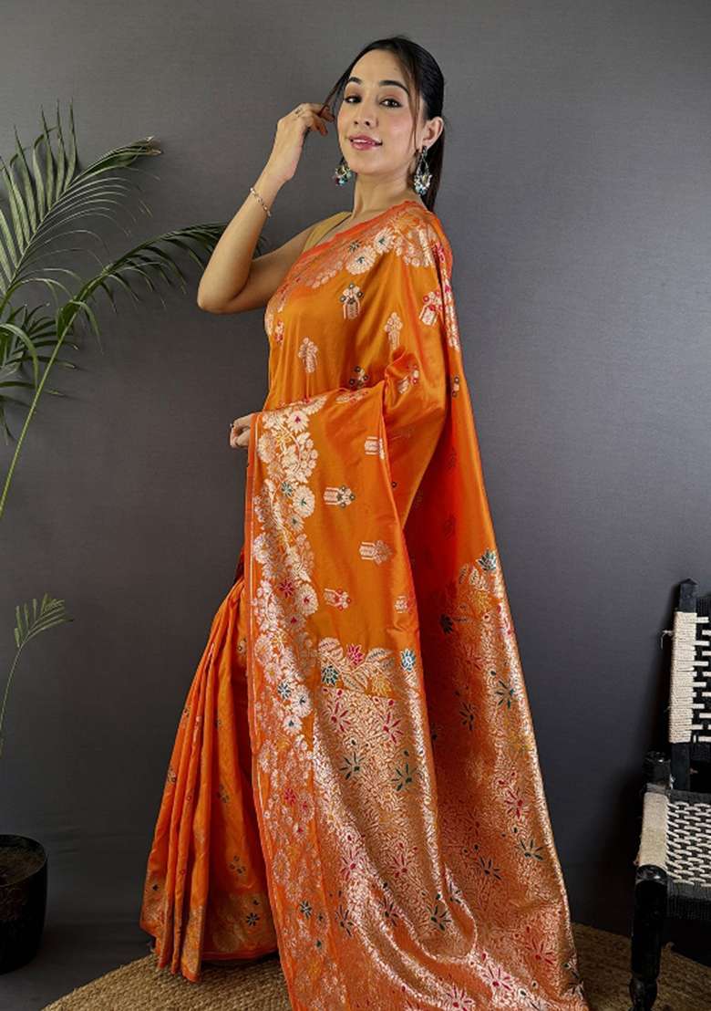Orange Woven Silk Blend Saree Set for Diwali | Wedding & Festive Wear - Indya