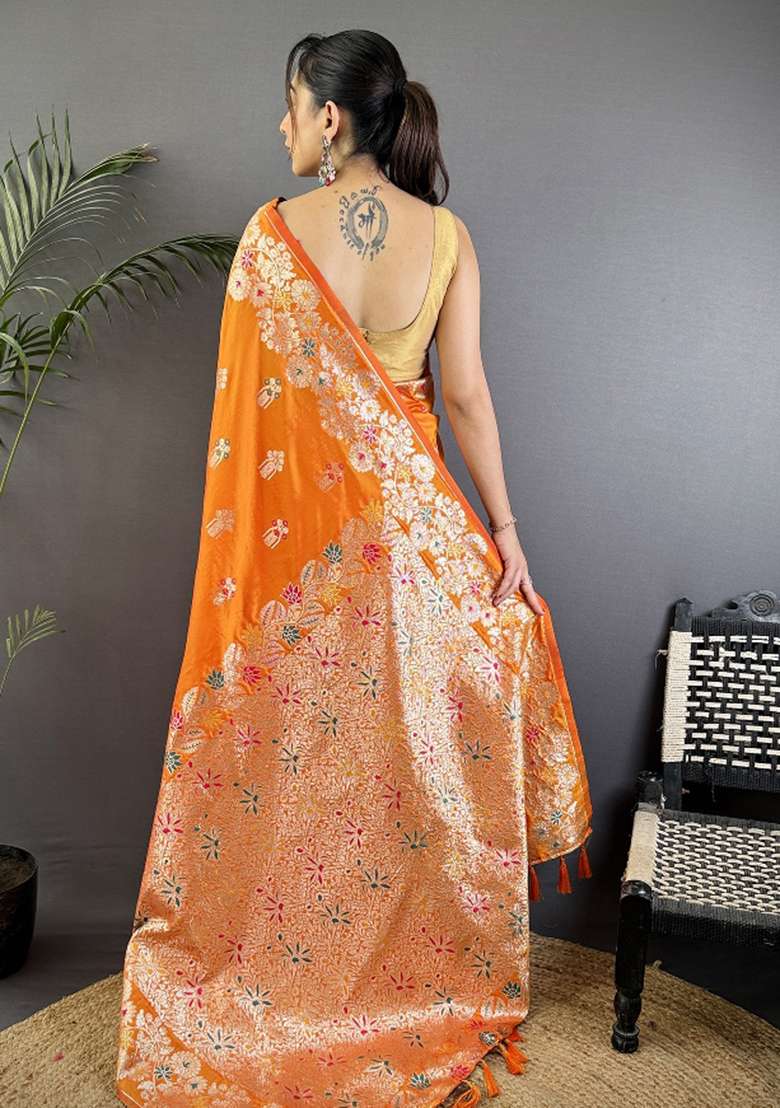 Orange Woven Silk Blend Saree Set for Diwali | Wedding & Festive Wear - Indya