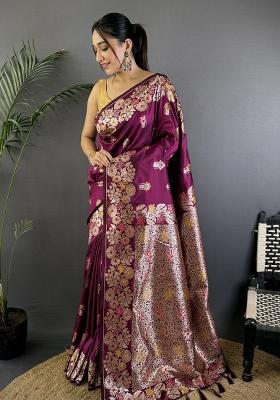 Maroon Woven Silk Saree Set