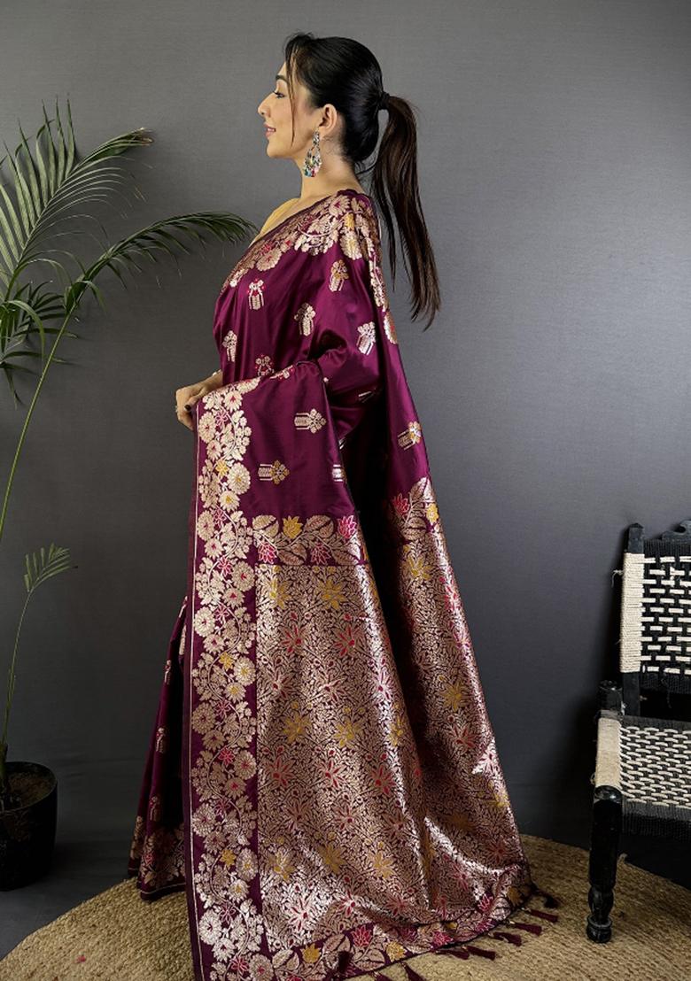 Maroon Woven Silk Saree Set