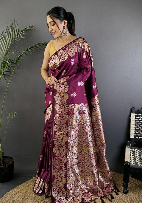 Maroon Woven Silk Saree Set