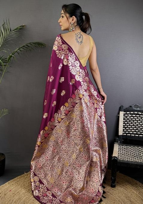 Maroon Woven Silk Saree Set