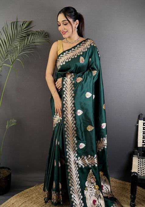 Deep Teal Woven Silk Saree Set