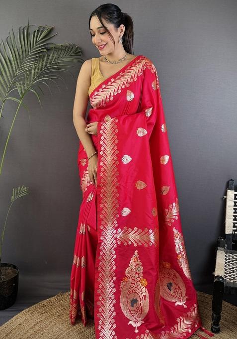 Pink Woven Silk Saree Set