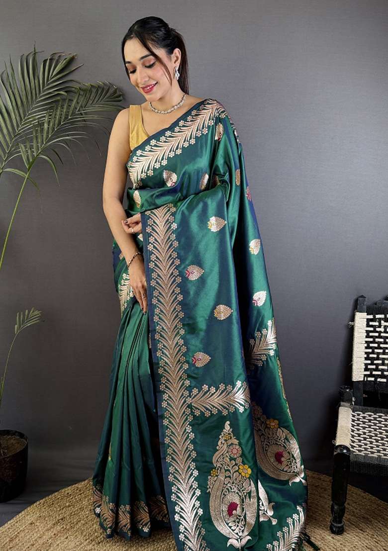 Dusty Teal Woven Silk Blend Saree Set for Diwali and Festive Wear - Indya