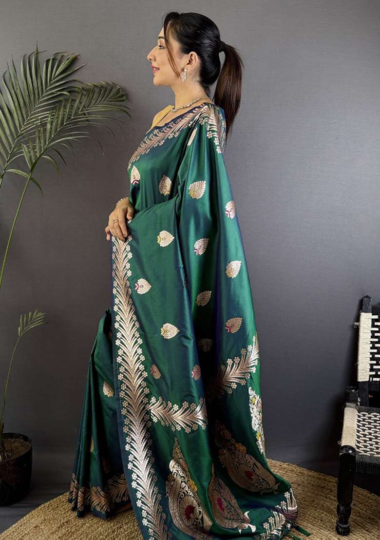 Dusty Teal Woven Silk Blend Saree Set for Diwali and Festive Wear - Indya