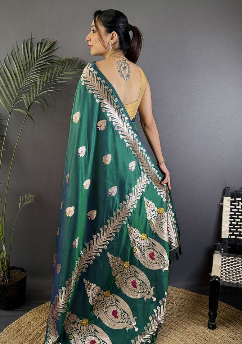 Dusty Teal Woven Silk Blend Saree Set for Diwali and Festive Wear - Indya