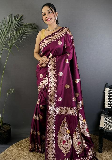 Plum Woven Silk Saree Set
