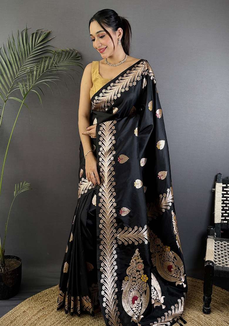 Black Woven Silk Blend Saree Set - Indya
