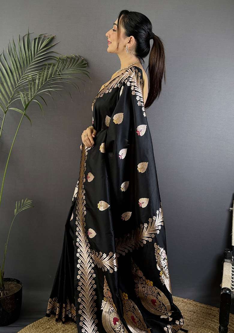 Black Woven Silk Blend Saree Set - Indya