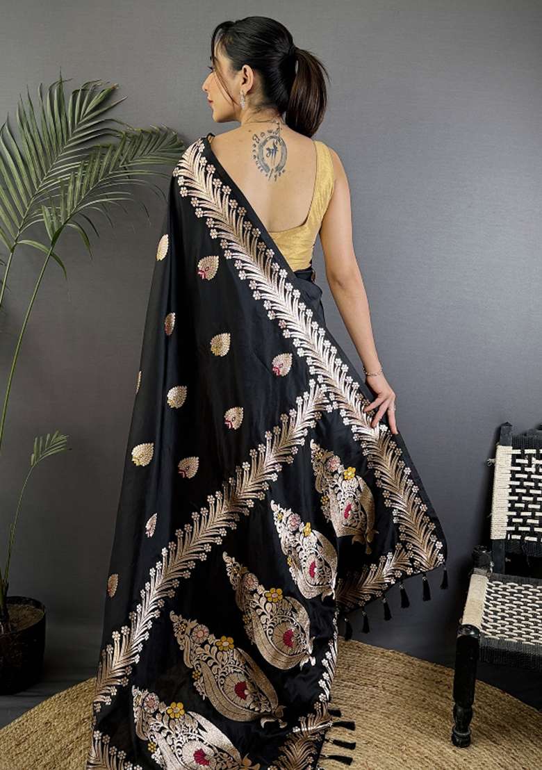 Black Woven Silk Blend Saree Set - Indya