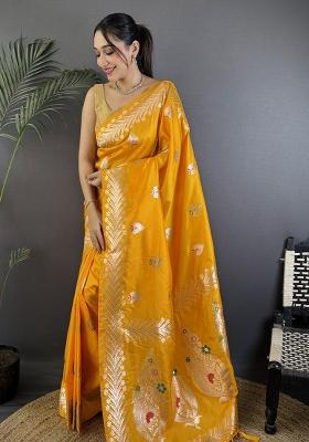 Orange Woven Silk Saree Set