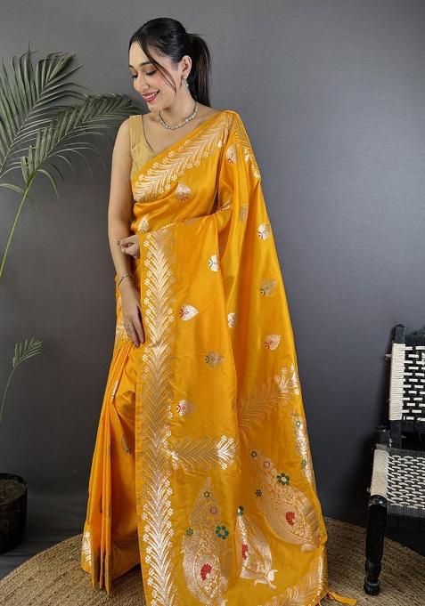 Orange Woven Silk Saree Set
