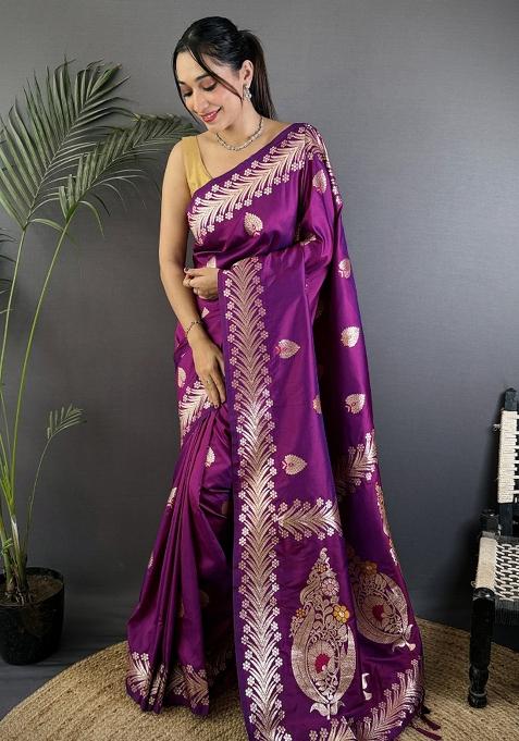 Purple Woven Silk Saree Set