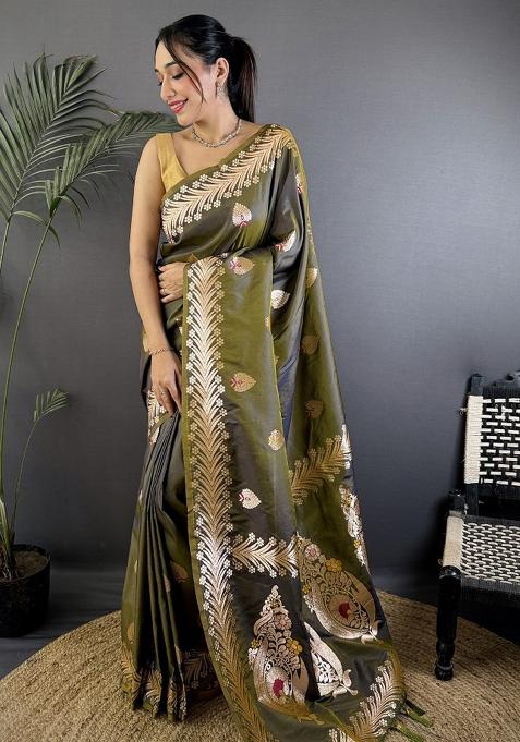 Mahendi Green Woven Silk Saree Set