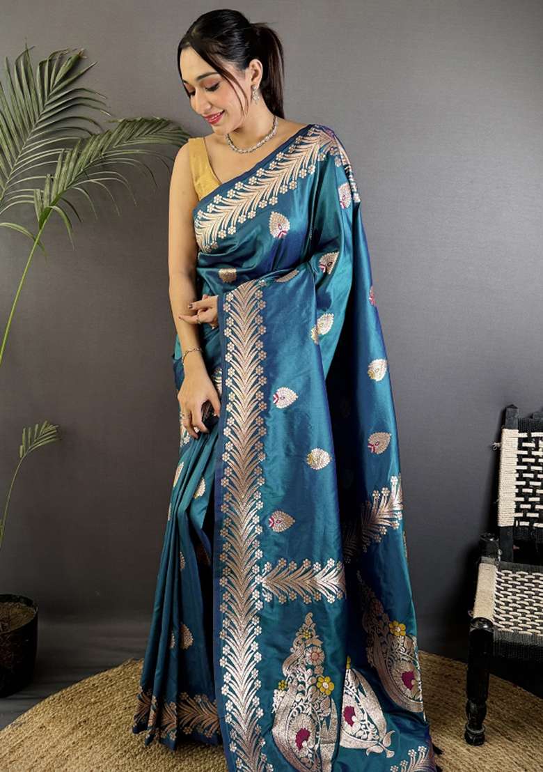 Sea Blue Woven Silk Blend Saree Set for Diwali and Festive Wear - Indya