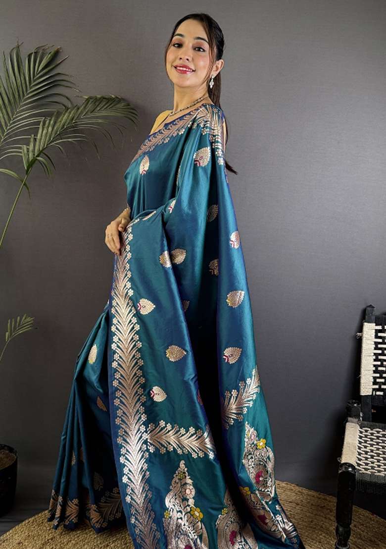 Sea Blue Woven Silk Blend Saree Set for Diwali and Festive Wear - Indya