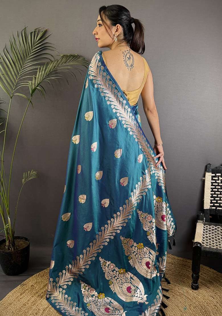 Sea Blue Woven Silk Blend Saree Set for Diwali and Festive Wear - Indya